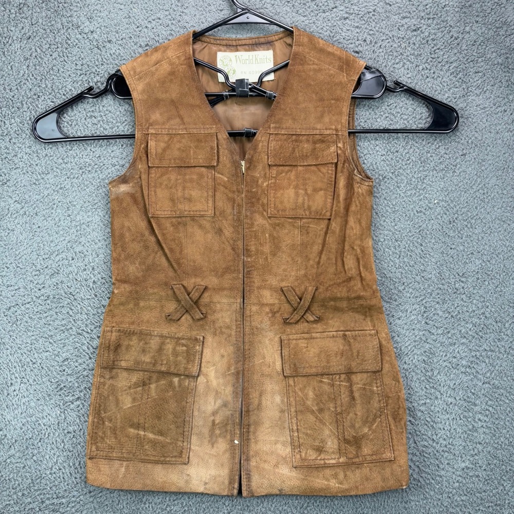 World Knits Vintage 70s‎ Brown Suede Leather Utility Vest Women 8 Safari Boho